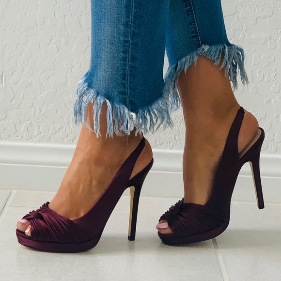 Red Wine Pleated Peep Toe High Heel Platform Pump - Picture 3 of 8